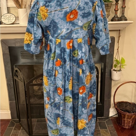 Vintage Phases House Dress Muumuu Small Blue Flowers Floral Button Summer Cotton - Picture 3 of 5
